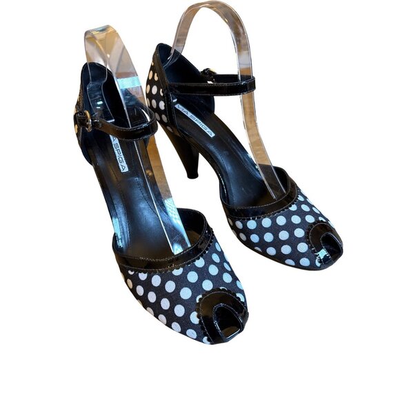 Via Spiga Papa Polka Dot Peep Toe Heels Size 9.5 Retro Rockabilly Shoes Black Wh - Picture 1 of 10